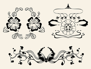 A set of three backgrounds for typography, decor, covers. Vintage stylish symmetrical illustration with flowers, patterns, lines. Black geometric shapes on beige.