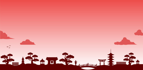 Japanese panorama landscape silhouette banner  illustration