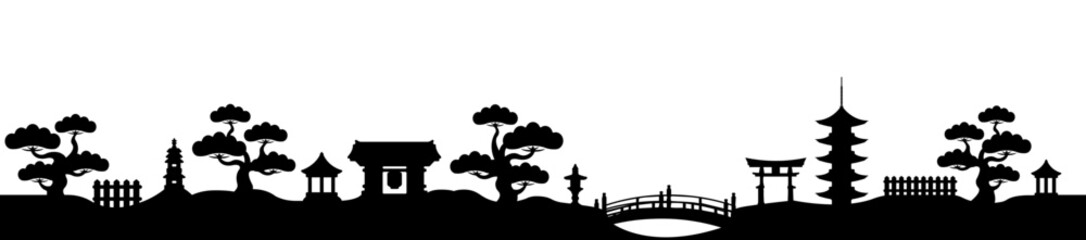 Japanese panorama landscape silhouette vector illustration - obrazy, fototapety, plakaty
