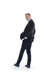 rear view. young man looking intently at the camera .