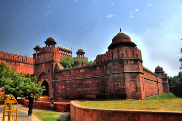 View of the Red Fort in Delhi (India). It is also called Delhi Fort or Lal Qila (in Hindi) because of the color of the sandstone with which it was built.