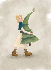 A beautiful girl in a dress and boots is holding a Christmas tree. A bird sits on top of a tree. New Year's and Christmas. Winter and holidays. Cartoon illustration for a postcard or a poster. Doodle