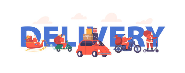Santa Deliver Gifts on Different Transport Concept. Noel Character Driving by Scooter, Bike, Car and Sled with Presents