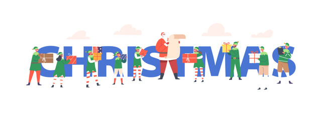 Merry Christmas And Happy New Year Concept. Santa Claus Reading List with Kids Wishes, Elves Prepare Presents and Gift