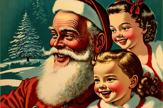1950s painted vintage style christmas card with a fictional jolly santa claus surrounded by happy children in a snowy landscape, AI generated