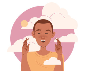 Happy Man Character with Crossed Fingers and His Head in Clouds Having Fancy Imagination Vector Illustration