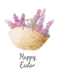 wicker basket with flowers spring easter illustration watercolor - 551785870