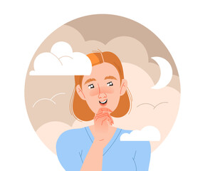 Happy Woman Character with Her Head in Clouds Having Fancy Imagination Vector Illustration