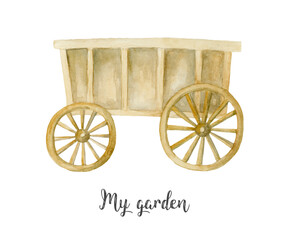 Fototapeta na wymiar wooden cart gardening tools illustration watercolor