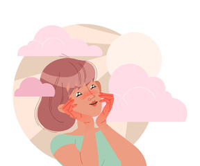 Happy Woman Character with Her Head in Clouds Having Fancy Imagination Vector Illustration