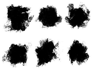Set of abstract black brush stroke smudges, isolated object illustration with transparent background, random splash of black paint, masking shapes for manipulation purposes