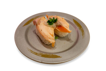 Top view of Salmon Burn Nigiri and wagyu burn Aburi, focus selective