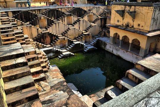 View of the main monuments and tourist spots in Jaipur (India), in the state of Rajasthan. Ancient Stepped Water Cistern (Chand Baori). (12th century)