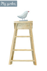 garden tools ladder with bird decoration illustration watercolor - 551786215