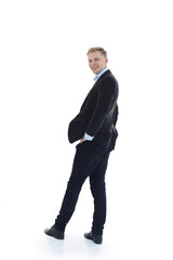 rear view. young man looking intently at the camera .