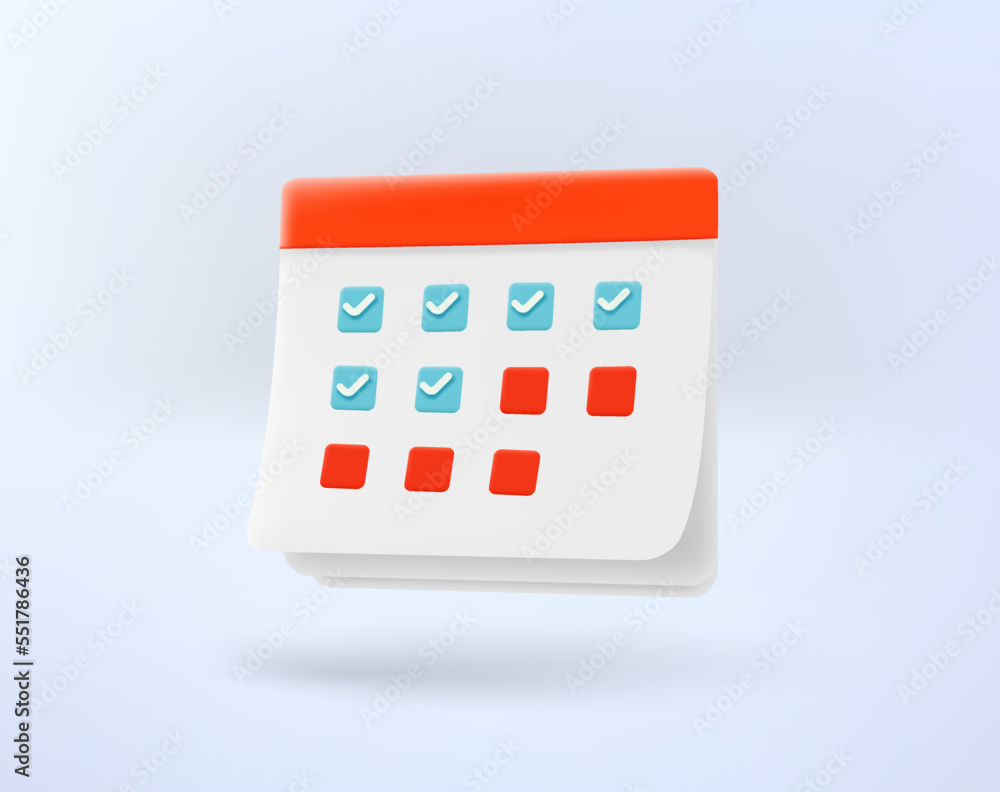 Poster Paper calendar with checked days. 3d vector icon