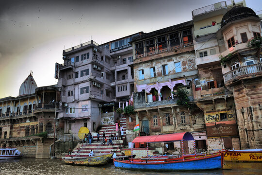 View of the main monuments and tourist spots of Varanasi (India). Holy river Ganges (Ganga). Ghats