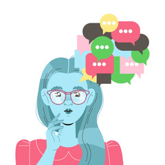Woman Character in Glasses with Type of Thinking with Chat Bubbles as Mindset Model in Her Head Vector Illustration