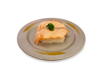 Top view of Salmon Burn Nigiri and wagyu burn Aburi, focus selective