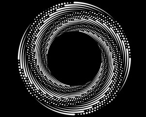 White halftone dots in vortex form. Geometric art. Trendy design element.Circular and radial lines volute, helix.Segmented circle with rotation.Radiating arc lines