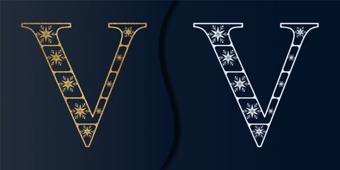 Snowflake Alphabet. Uppercase Golden Letter V. Christmas Font. Vector Snowflake Monogram.