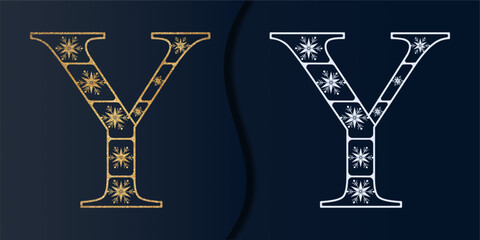 Snowflake Alphabet. Uppercase Golden Letter Y. Christmas Font. Vector Snowflake Monogram.