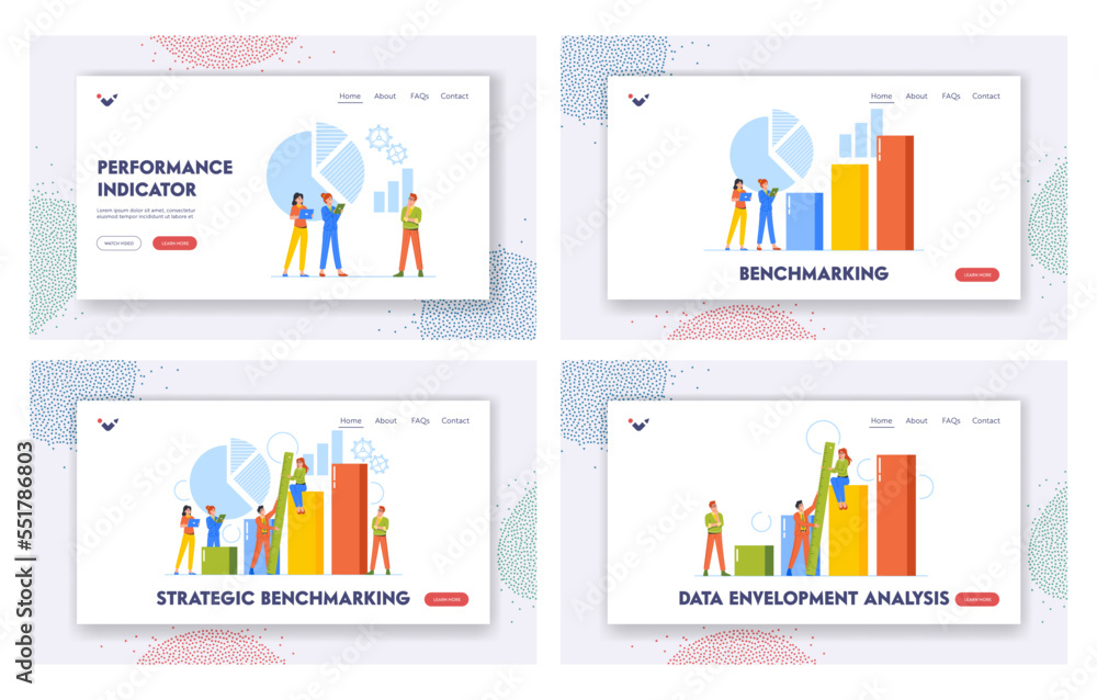 Poster strategic benchmarking landing page template set. business development concept. characters at column