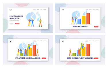 Obraz na płótnie Canvas Strategic Benchmarking Landing Page Template Set. Business Development Concept. Characters at Column Chart or Diagram