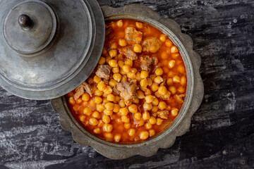 Traditional delicious Turkish foods; Turkish Food Chickpeas with Meat. Turkish name; Etli nohut