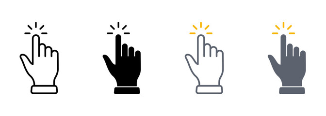 Press Gesture of Computer Mouse Line and Silhouette Color Icon Set. Hand Finger Cursor Pictogram. Pointer Click Double Tap Touch Swipe Point Symbol Collection. Isolated Vector Illustration