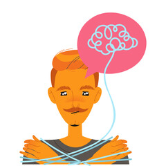 Man Character with Entangled Type of Thinking and Mindset Model in His Head Vector Illustration
