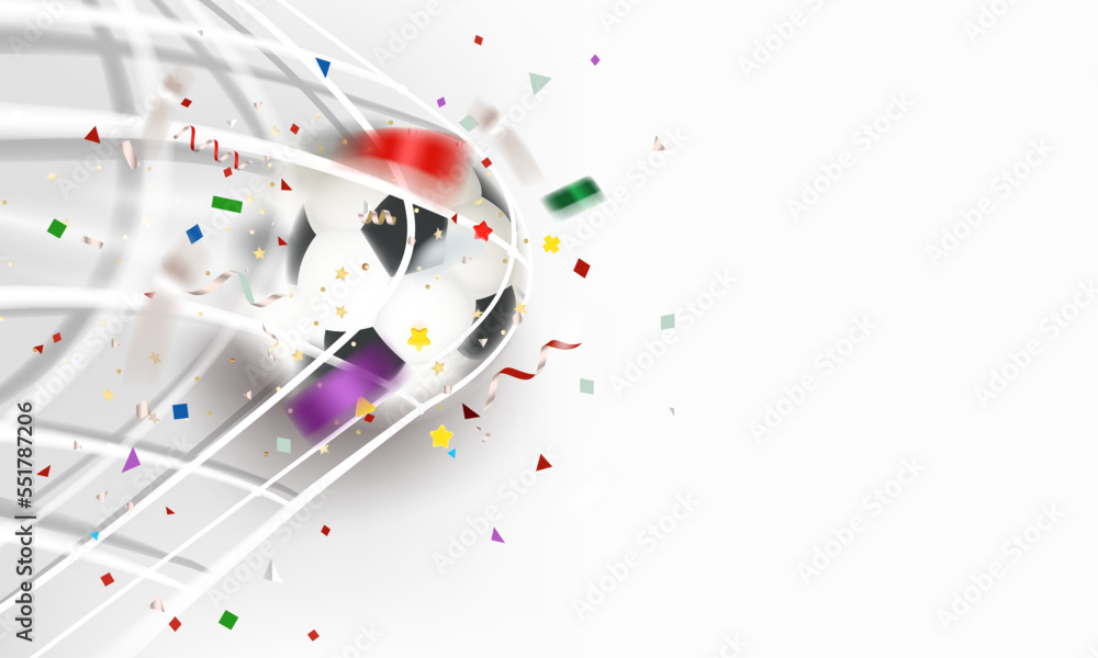 Poster The ball in the soccer net. Goal vector concept. 3d vector banner with copy space
