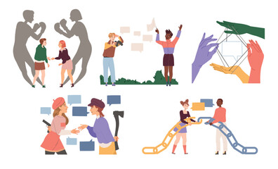 People Characters Having Connections with Each Other Engaged in Social Interaction Vector Set