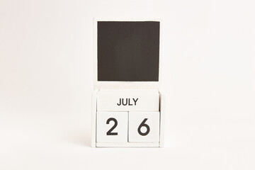 Calendar with date July 26 and place for designers. Illustration for an event of a certain date.