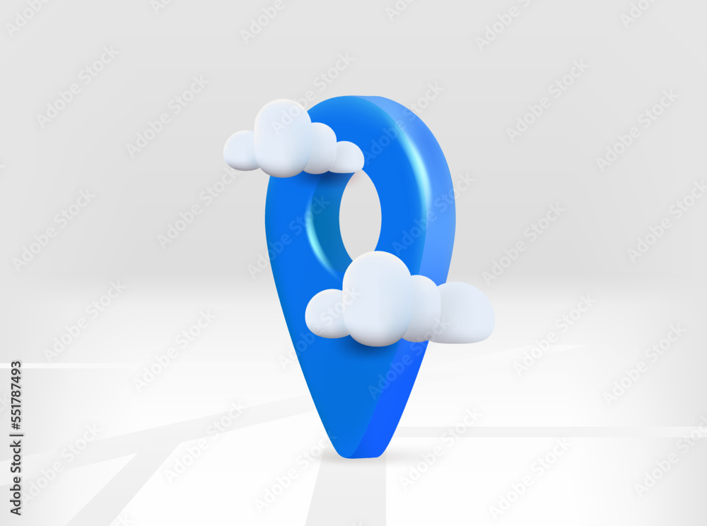 Aufkleber Blue map pin with road map and clouds. 3d vector isolated illustration