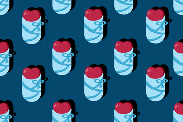 Baby heart in a diaper on blue background. Gender party. Marketing material. Website banner for the perinatal center. Wallpaper and fabric print. Seamless pattern with childbirth. 