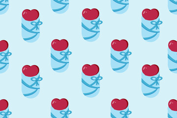 Baby heart in a diaper on blue background. Gender party. Marketing material. Website banner for the perinatal center. Wallpaper and fabric print. Seamless pattern with childbirth. 