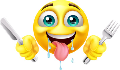 A hungry drooling saliva emoji emoticon face cartoon icon holding a knife and fork - obrazy, fototapety, plakaty