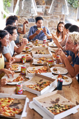 Pizza, community or friends eating at a party table to celebrate summer holidays vacation together by bonding. Diversity, restaurant or hungry people enjoy a fast food lunch meal at social gathering