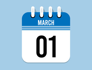 1 day March calendar icon. Banner for appointments, special dates and birthdays. Calendar vector for March in blue color on light background