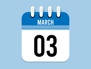 3 day March calendar icon. Banner for appointments, special dates and birthdays. Calendar vector for March in blue color on light background