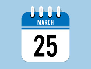 25 day March calendar icon. Banner for appointments, special dates and birthdays. Calendar vector for March in blue color on light background