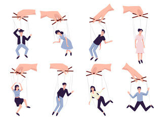 Set of people hang on ropes. Puppeteer and puppets. Characters being controlled by master, domination or authority Linear flat vector illustration