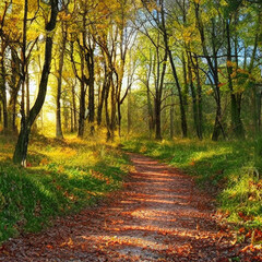 Serene forest path with dappled sunlight and fallen leaves