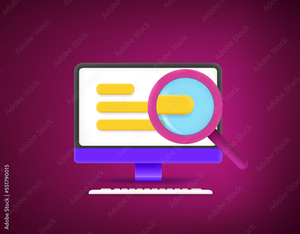 Aufkleber business analytics comcept with magnifier. 3d vector illustration