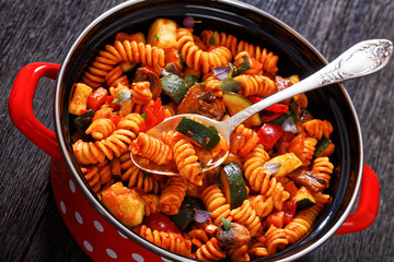 Vegetable with Pasta  in red pot, top view