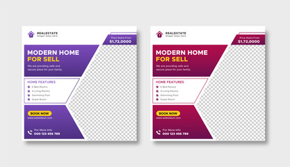 Creative minimalist real estate modern home sale social media post design template. Elegant house sale promotional square web banner vector template.