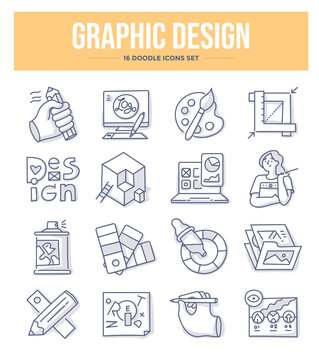 Graphic design icons. Collection of doodle icons. Art, drawing, creative thinking and imagination concepts. 