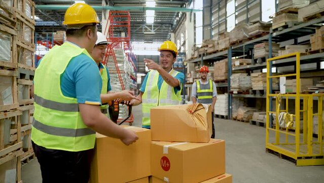 4K, Three employees in a warehouse are sorting goods and an accident damages a box and a supervisor walks in while they talk.