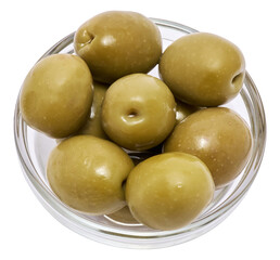 green olives in glass bowl isolated